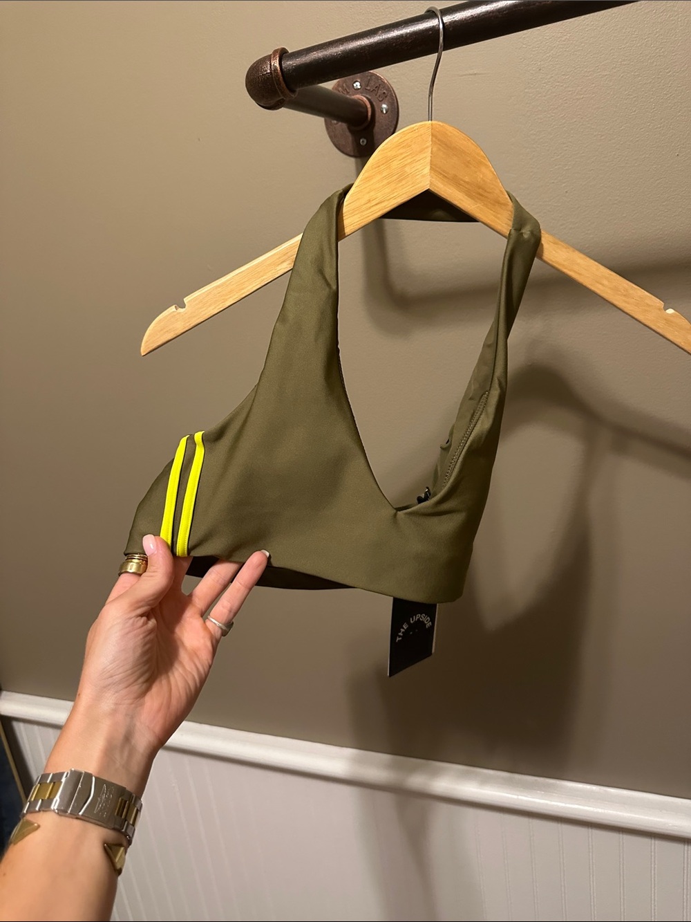 The Upside Olive Halter Sports Bra with Neon Yellow Stripe